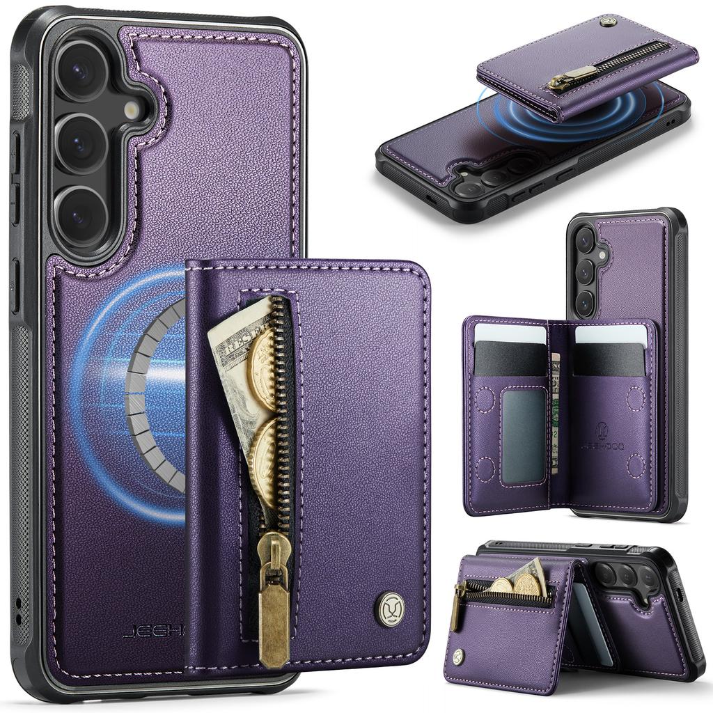 For Samsung Galaxy S26 Case JEEHOOD J12 Magnetic Detachable Zipper Wallet Kickstand Leather Back Cover Compatible with MagSafe