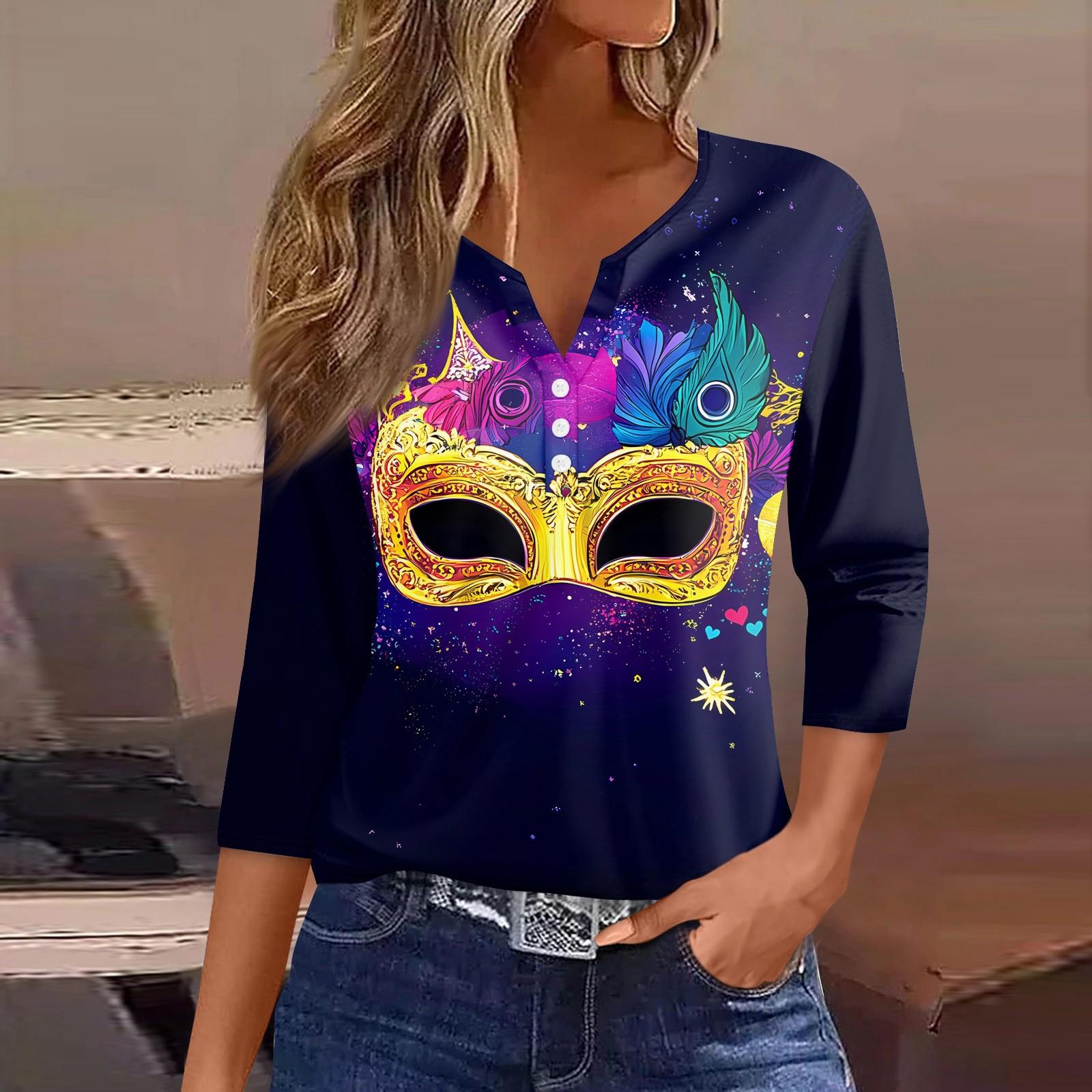 

Жен. Футболка С принтом Пуговицы Рукав 3/4 Повседневные Выходные Мода Классический Классический V-образный вырез Обычный Верх XXXL тёмно-синий