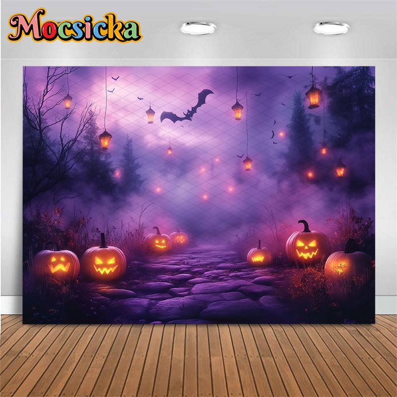 Mocsicka Halloween Backdrop Photography Purple Pumpkin Party Children Photo Backgrounds Dark Forest Lamps Bat Decorations Banner
