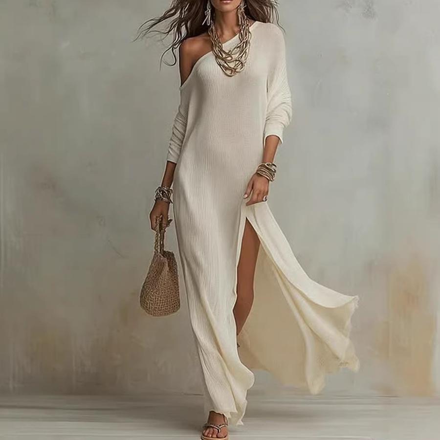 Summer New Elegant Long Sleeve Knit Pleated Ruffle Women's Dress