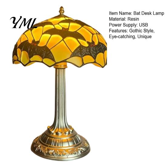 Small Resin Lamp for Bookshelf Stained Glass Black Bat Table Lamp, Vintage Retro Decorative Night Light Study Halloween Gothic Bedside Dormitory, Bar,