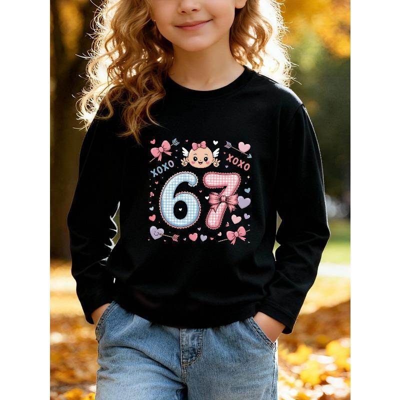 Kids Unisex White Crewneck Sweatshirt, Coquette Gingham 67 Angel Baby Bow Heart XOXO Print Long Sleeve Pullover, Sweatshirts for Boys Girls Ages 4+