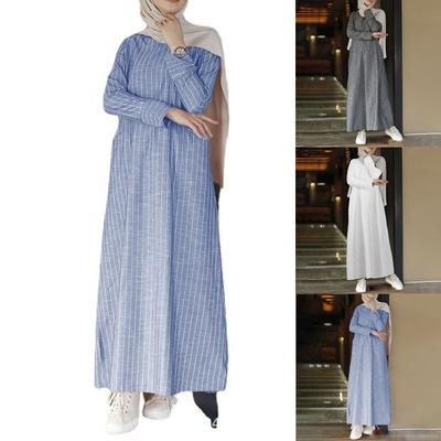 Arabic Long Robes Dress Cotton Linen Striped Cardigan Shirt Dress Women Muslim Loose Large Casual Temperament Long Vestidos
