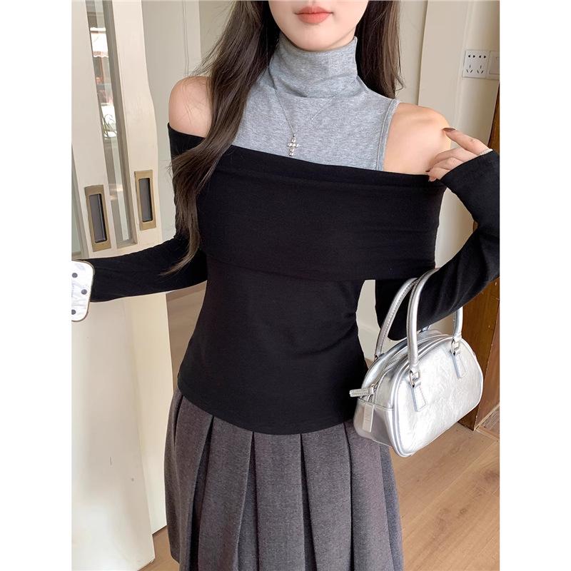 2025 Autumn Women's High Neck Off-the-Shoulder Long Sleeve Color Block Cropped Top, Slim Fit, Spicy Style