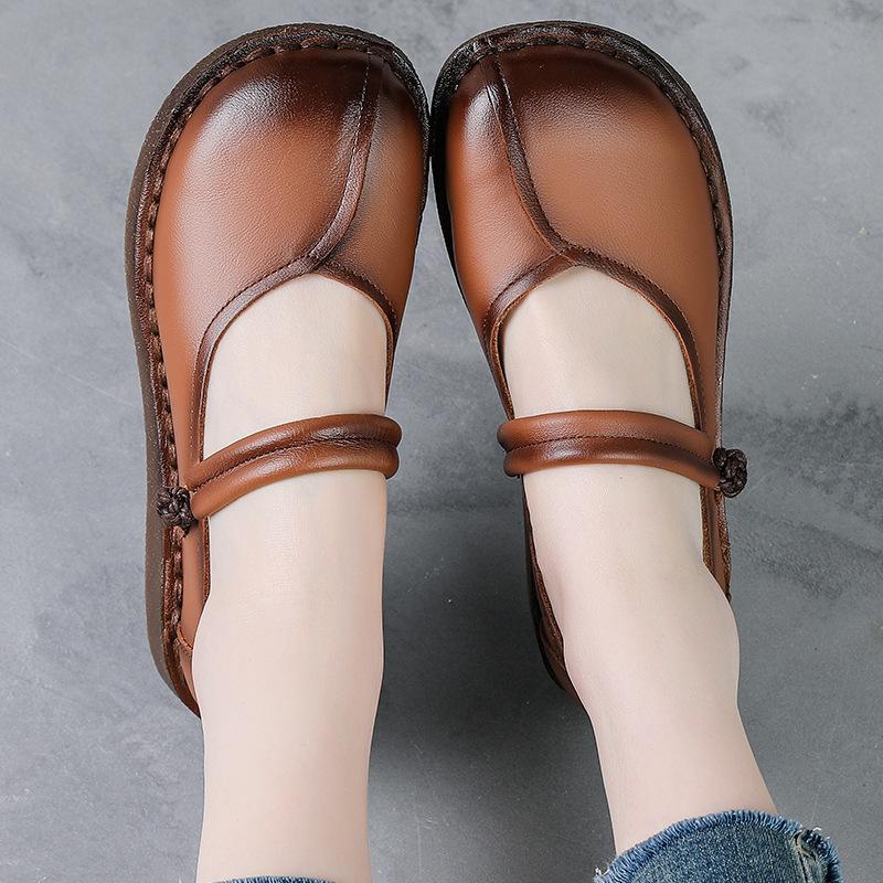 Nouvelles Chaussures d'Automne à Bout Large Vintage Femmes Cuir Véritable Ballerines à Lanières Dames Mocassins Col V Mère Luxe Semelle Épaisse Chaussure Plate