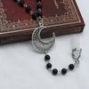 Hexagonal Long Strip Pendant Vintage Hollow Moon Necklace Black Rosary Neck Chain Accessories