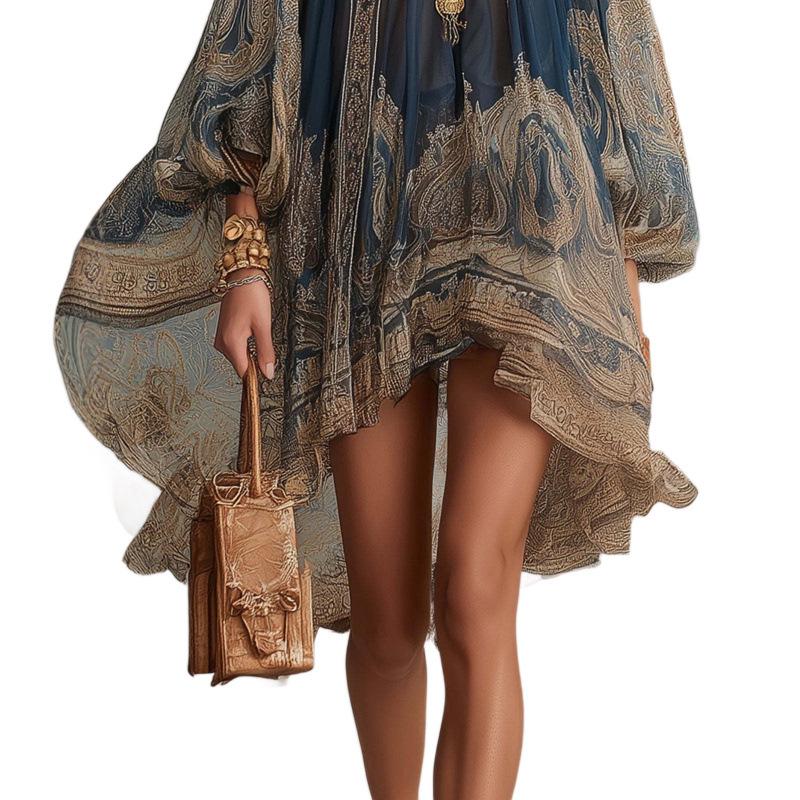 High-necked printed chiffon dress European and American loose shawl long-sleeved women's skirt casual vacation style new women's clothing
