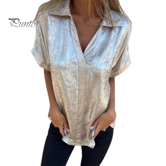 

Женская рубашка с отложным воротником, V-образным вырезом, короткими рукавами, однотонная блузка свободного кроя средней длины для клубной вечеринки M золотистый