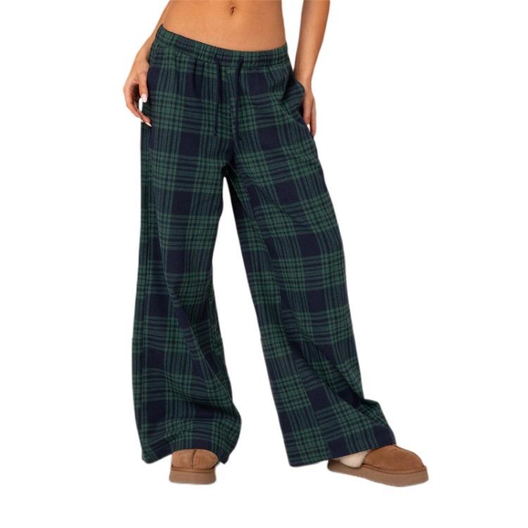

Classic Plaid Print Womens Casual Trousers Loose Wide Leg Pants Elastic Waist Lounge Pants S синий