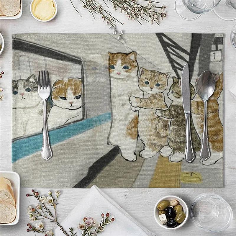 Mantel Individual Para Mesa de Comedor Lindo Gato Dibujo Animado Animal Estera Posavasos Creativo Estampado Resistente al Calor Accesorios de Cocina Comedor Almohadilla Caliente