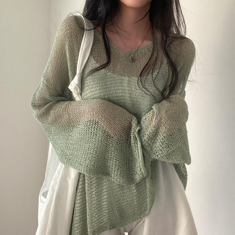 Spring Summer Long Sleeved Knitted Sunscreen Shirt See Through Retro Casual Simple Loose Hollow Out Thin Blouse V Neck Solid Color Top Clothing