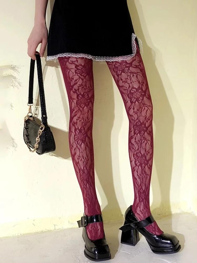 

Women Elastic Slim High Waist Hollow Out Tights Wine Red Socks Sexy Fishnet Stockings Femme Summer Thin Flower Mesh Pantyhose One Size вина червоного кольору