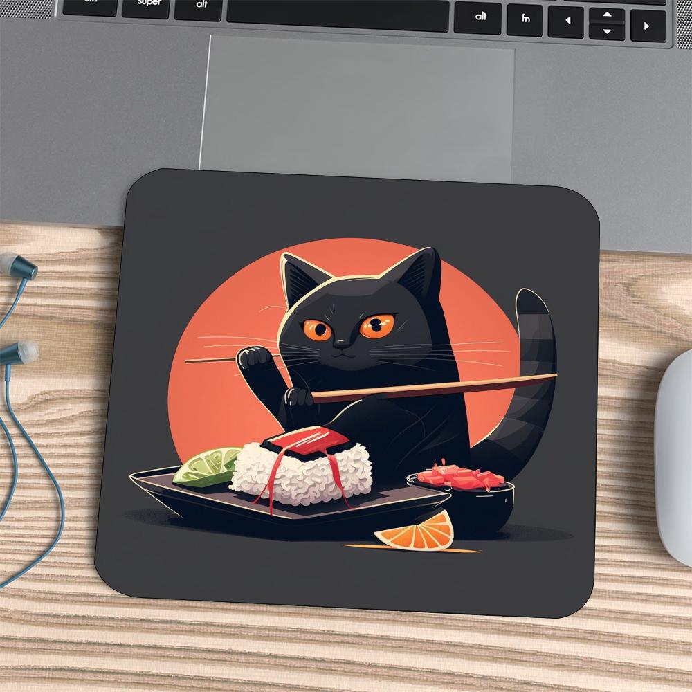 Square Mouse Pad Vintage Japanese Black Cat Ramen Print Stitched Edge Anti‑Slip Rubber Desk Mat for Gaming Working Home Office