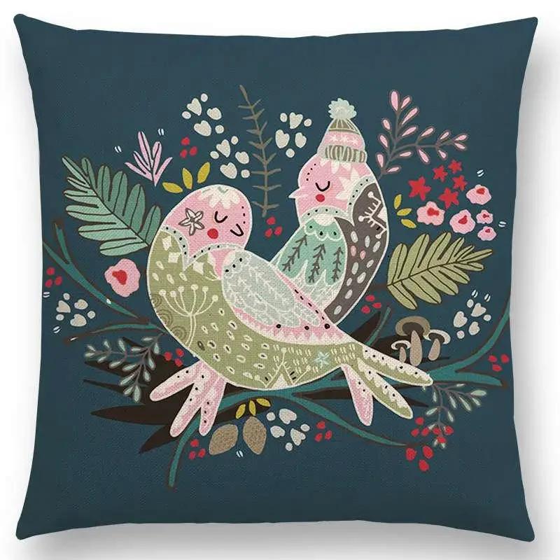 Animal Tale Spring Floral Garden Pattern Sofa Throw Pillow Case Bear Fox Unicorn Bear Birds Flower Leaf Fantasy Cushion Cover