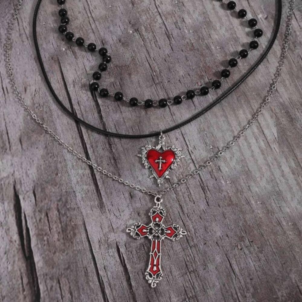 Zestaw 3 szt. Amulet Goth Czerwona Glazura Kapiąca Pusta Krzyż w Kształcie Serca Wielowarstwowy Składany Naszyjnik do Noszenia dla Kobiet Zestawy Biżuterii