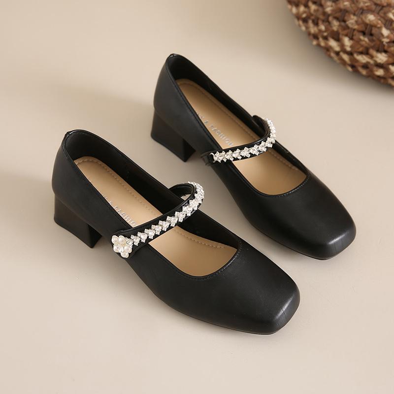 Summer single shoes 2025 new square head shallow mouth rhinestone one-word diamond belt silver low heel flat shoes Mary Jane shoes