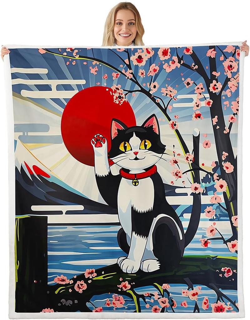 GUOYU Blanket Cat Anime Fleece Throw Blanket Queen Japanese Retro Funny Cat Sherpa Blanket Boys Girls Japanese Style Plush Blanket Japanese