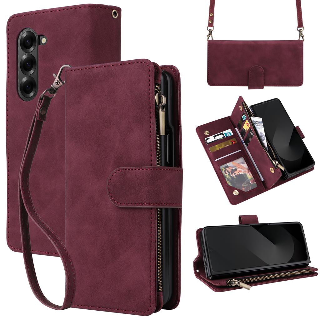For Samsung Galaxy Z Fold6 5G Case Zipper Multi-Pocket Wallet Leather Phone Cover with Shoulder and Wrist Straps