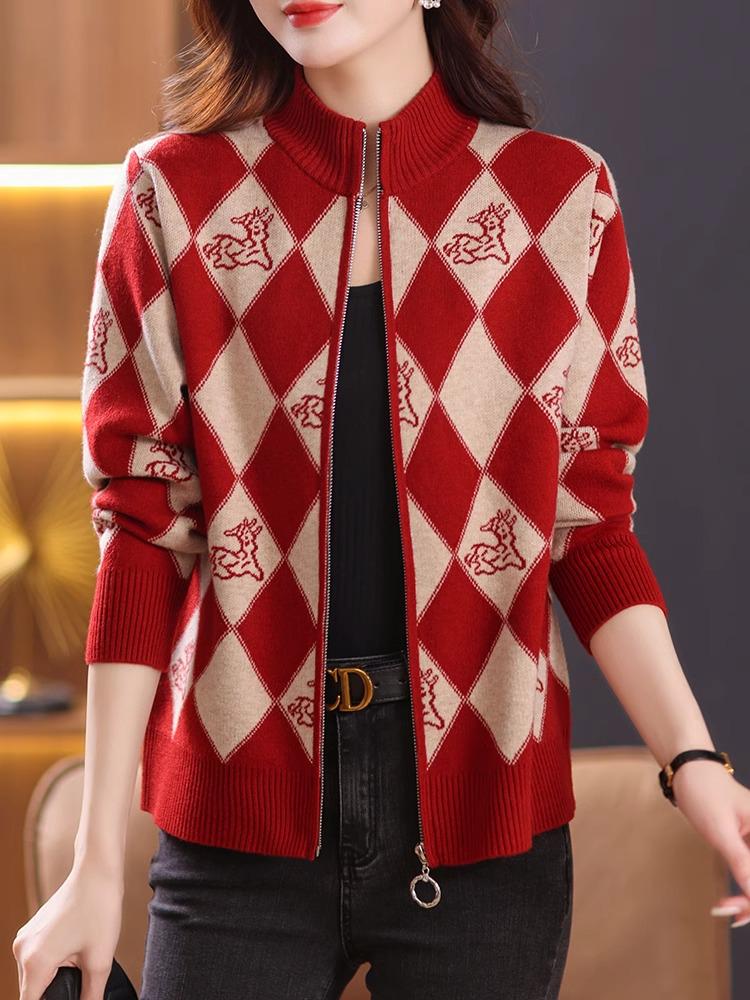 

Ordos Zipper Stand Collar Knit Cardigan Sweater - Women s Plus Size Loose Fit Short Coat S вина червоного кольору