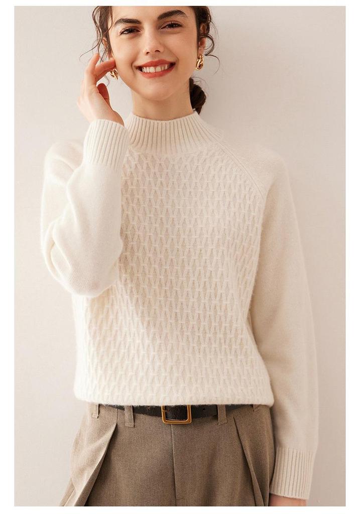 Women's Cashmere Cable Knit Sweater - Loose Fit, Double-Strand, Half-High Collar, Solid Color, Short Style, Perfect for Autumn and Winter