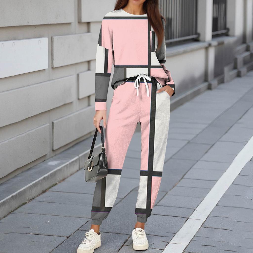 Sets für Damen 2-teilig Rundhals Langarmshirts Bedruckte Jogginghosen Taschensets