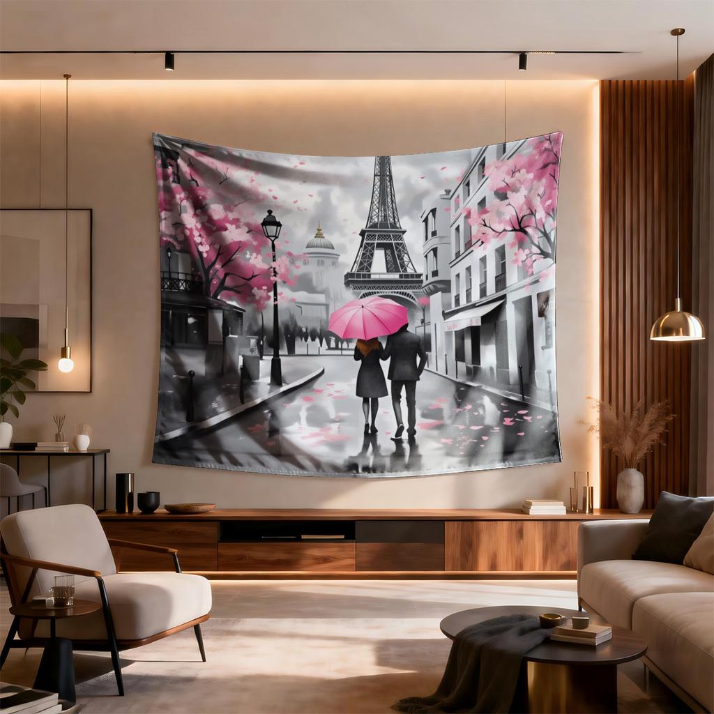 Paris Street Tapestry  Romantic Couple with Umbrella Cherry Blossom Scene Artistic Wall Hanging for Bedroom or Dorm Decor