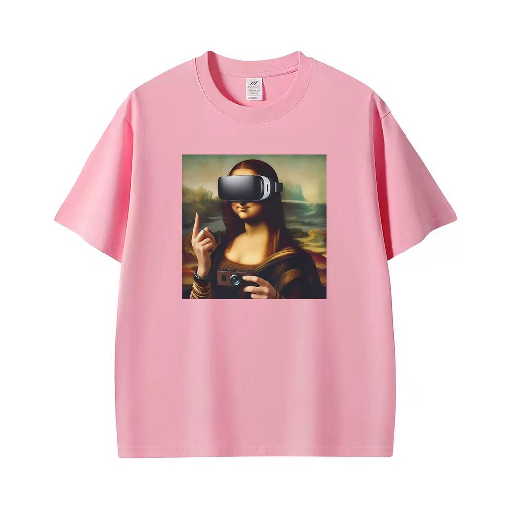 Funny Mona Lisa With Headset Funny Meme Graphic T Shirts Unisex Unisex Casual Cotton Tshirt Fashion Short Sleeve Oversized Tshirts