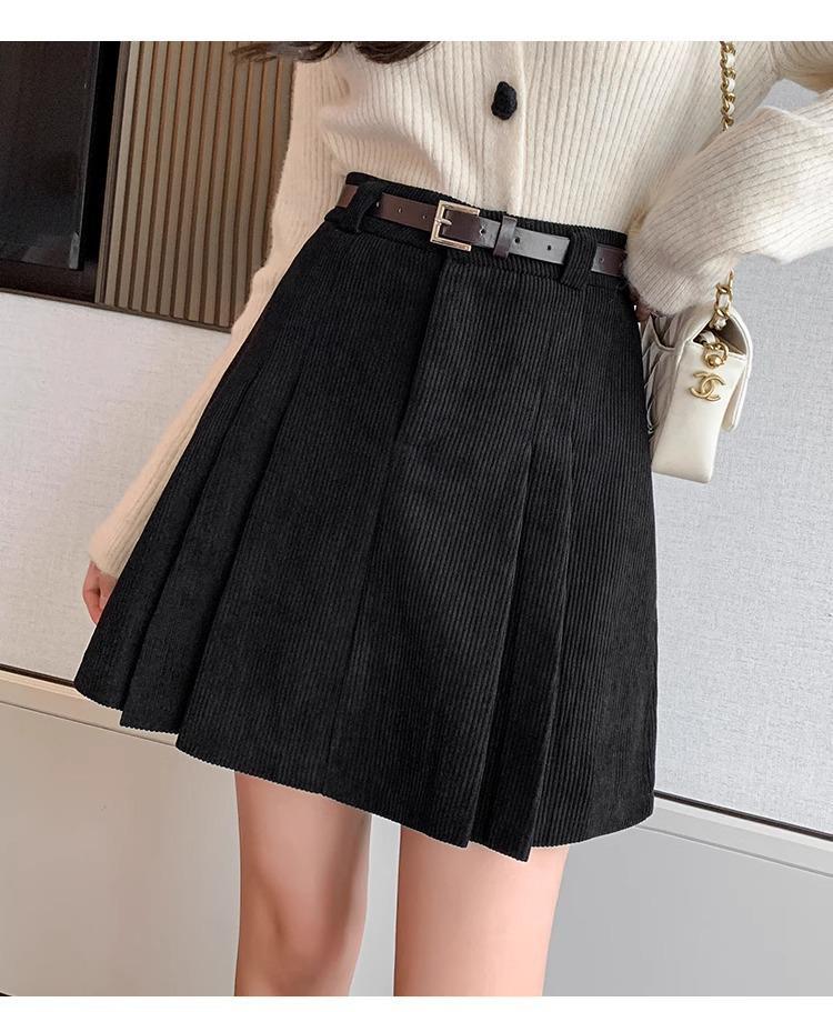 2024 Fall/Winter Korean Waistless Corduroy Pleated Mini Skirt - High Waist A-Line Design
