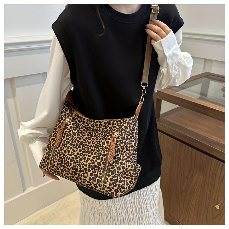 Fashion Leopard Print Large Capacity Tote Bag Casual Women's Shoulder Bag Simple Vintage Crossbody Bag Fashionable Leopard Pattern Zipper Shopping Bag