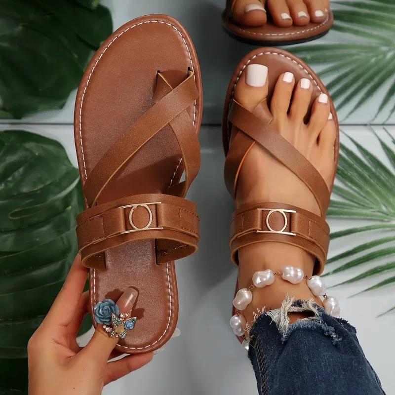 

Модная обувь для женщин 2024 года, горячая распродажа, женские тапочки, летние римские однотонные повседневные пляжные тапочки на плоской подошве, удобные тапочки большого размера 41 светло-коричневого