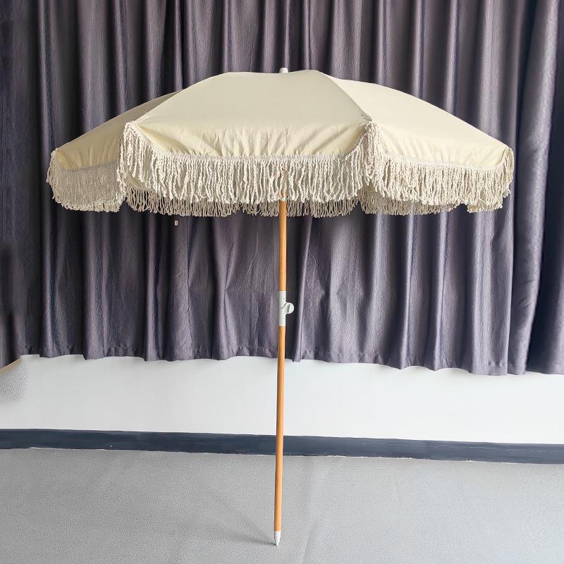 European Style Rotatable Patio Umbrella with Tassel Edge - Wooden Pole and Sunshade for Garden, Beach, Pool, and Terrace