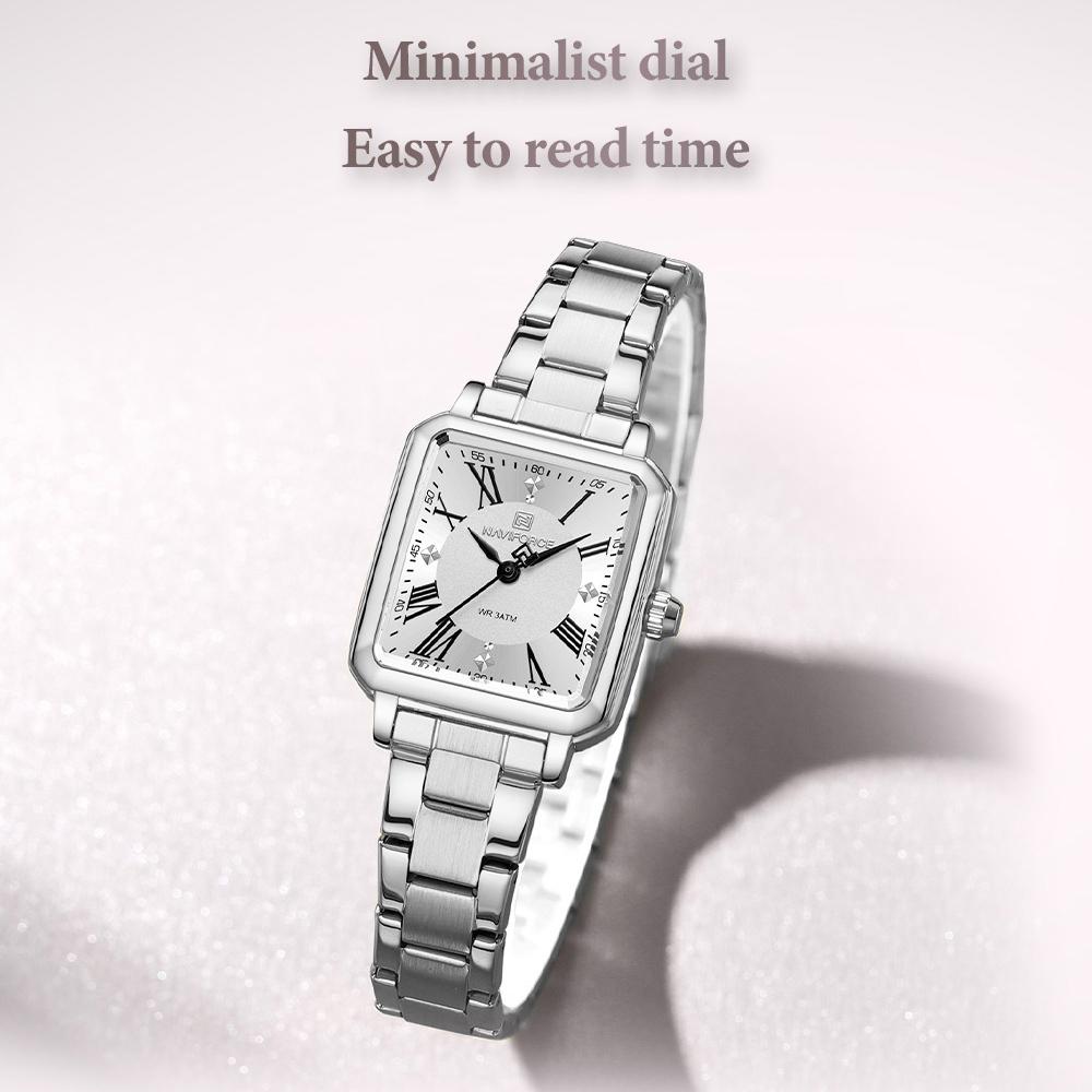 NAVAFORCE Women's Quartz Watch Ceremony Party Stainless Steel Strap Waterproof Square Roman Dial Women's Casual Fashion Accessories Watch NF5065