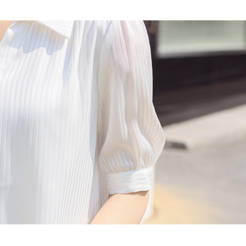 Positive Shoulder Short-sleeved Chiffon Shirt Women's Summer V-neck Blouse Shirt Tops