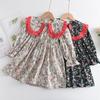 Girls Autumn Sweet Floral Dress With Large Lapel Contrast Lace Trim Princess Long Sleeve Casual Party Wear