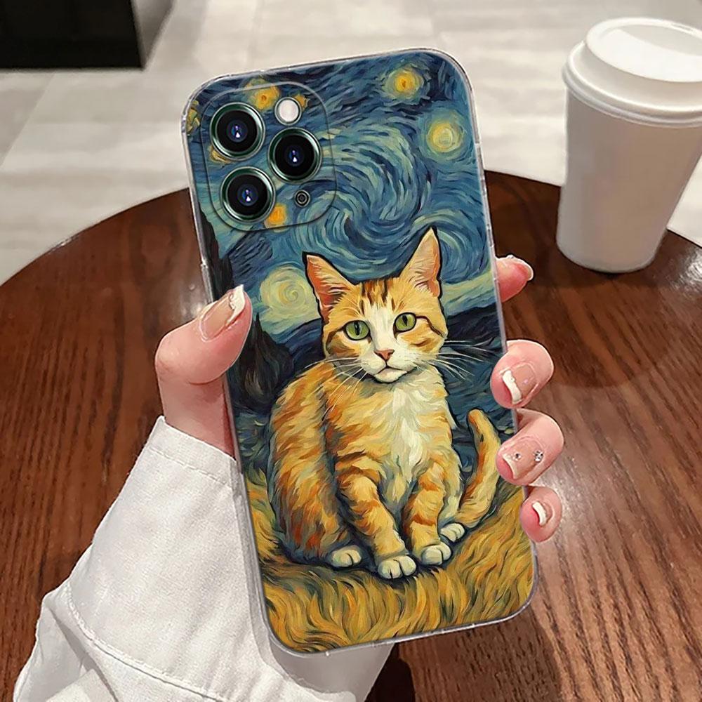 Cat Van Gogh Starry Night Oil Painting Case For Apple iPhone 17 16 15 14 13 12 11 Pro Max Plus 16E 17Air 17Pro Phone Cover Funda