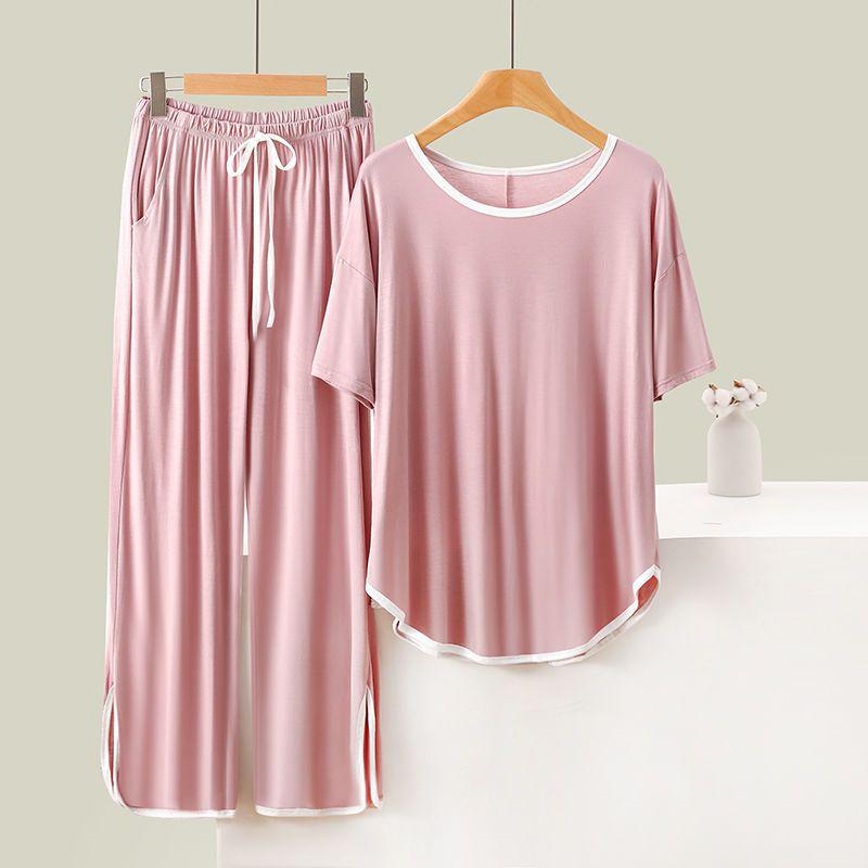 Women's Plus Size Summer Two-Piece Set: Solid Color Round Neck Short Sleeve Top & Long Pants for Homewear, Loose Fit, Lightweight