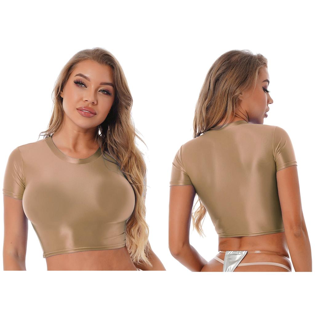 Women Crop Top Tee Short Sleeve Round Neck Slim Fit Solid Color Sportswear Yoga Running Shirt