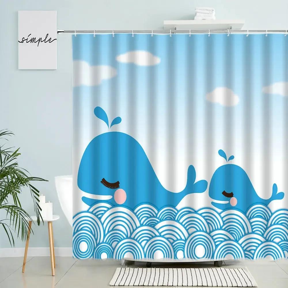 Cartoon Ocean Wave Shower Curtain Mediterranean Sea Navigation Abstract Creative Theme Kid Bathroom Waterproof Screen Home Decor