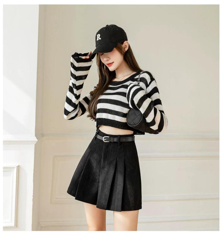 Women's High Waist Corduroy A-line Pleated Culottes Winter Shorts 2024
