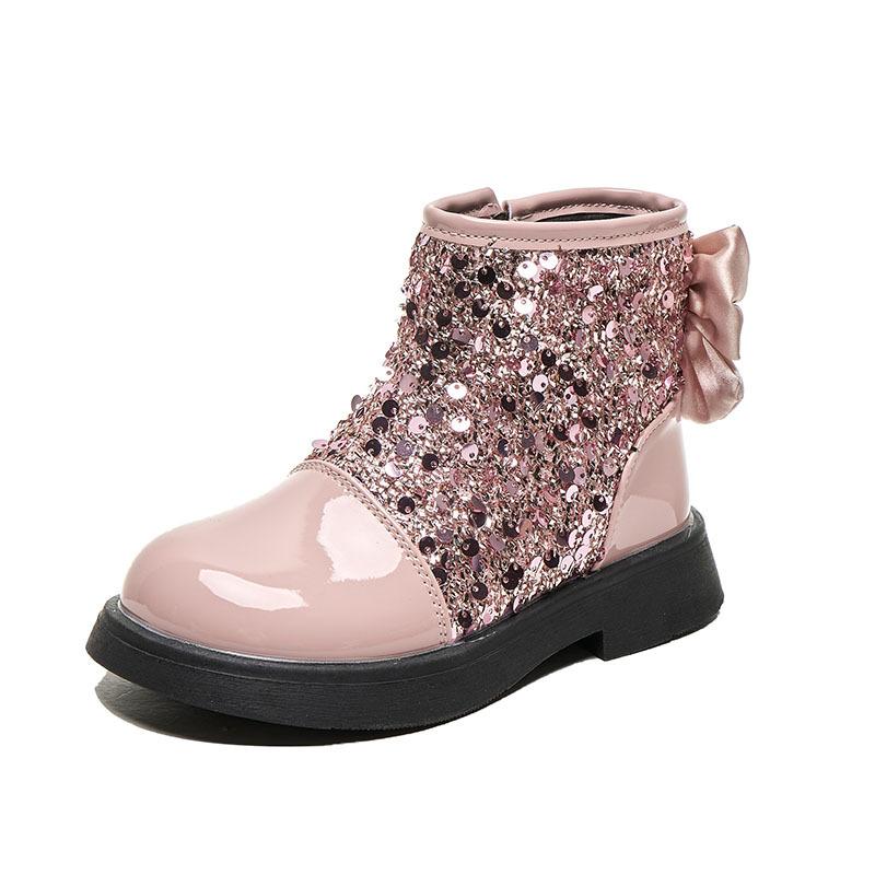 

Children s Short Boots Girl Princess Leather Shoes Sequin Bow Baby Autumn Soft Sole Non Slip Kid‘s Casual Shoes 26 розовый