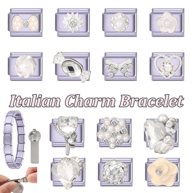 Y2K Purple Series Bow Candy Heart Flower Shiny Italian Charm Links Fit 9MM Stainless Steel Bracelet Girls' DIY Making Jewelry