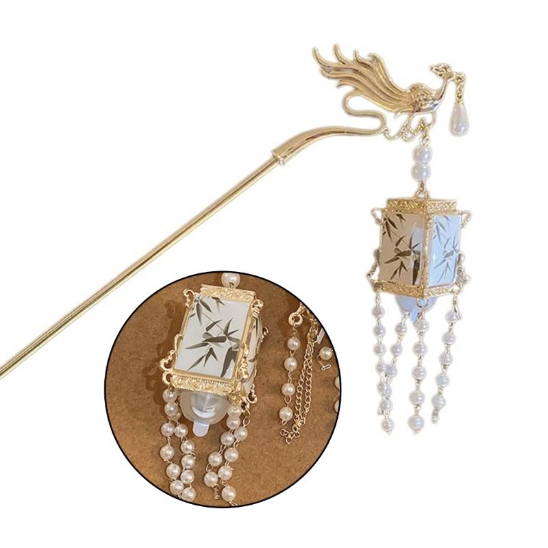 LED Lantern Dangling Hairpin Tassels Buyao Hair Stick Antique Acrylic Hair Pin for Female Chinese Costume Accessories