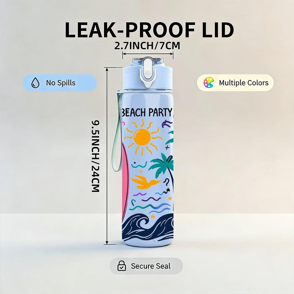 1PC Beach Surfboard Palm Tree 750ml Color Plastic Sports Water Bottle Leakproof Flip Straw Lid Suitable for Sports Office Home Use