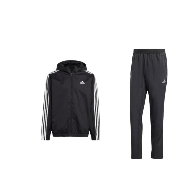 

Adidas Striped Hooded Zip-Up Long Sleeve Straight Leg Mid-Rise Pants Casual Sports Set Men sets Black IP4472+IB0384 S