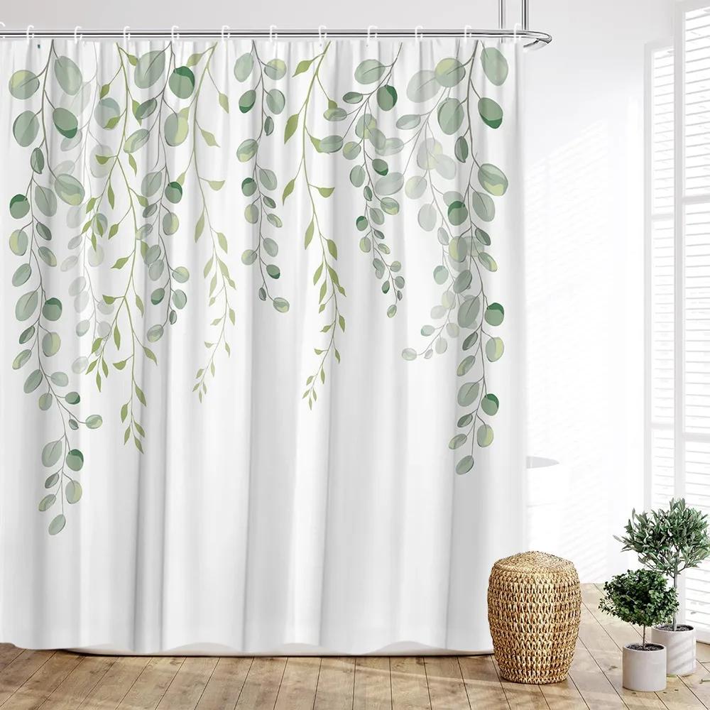 Sage Green Eucalyptus Shower Curtain, Watercolor Plant Floral Eucalyptus Leaves Fabric Shower Curtains Spring Bathroom Decor Set