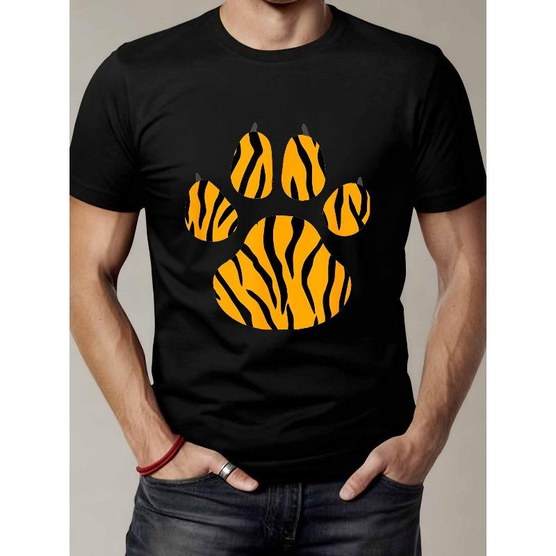 European Sizes Men's Vintage Tiger Print T-Shirt - Loose Fit Round Neck Tee with Tiger Paw & Stripe Graphic