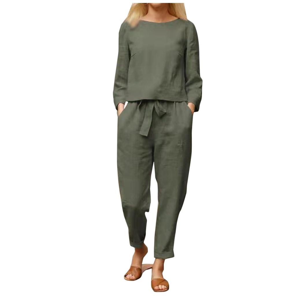 Women's Fashion Colour Casual Suit Loose Round Neck Top Long Pants Set