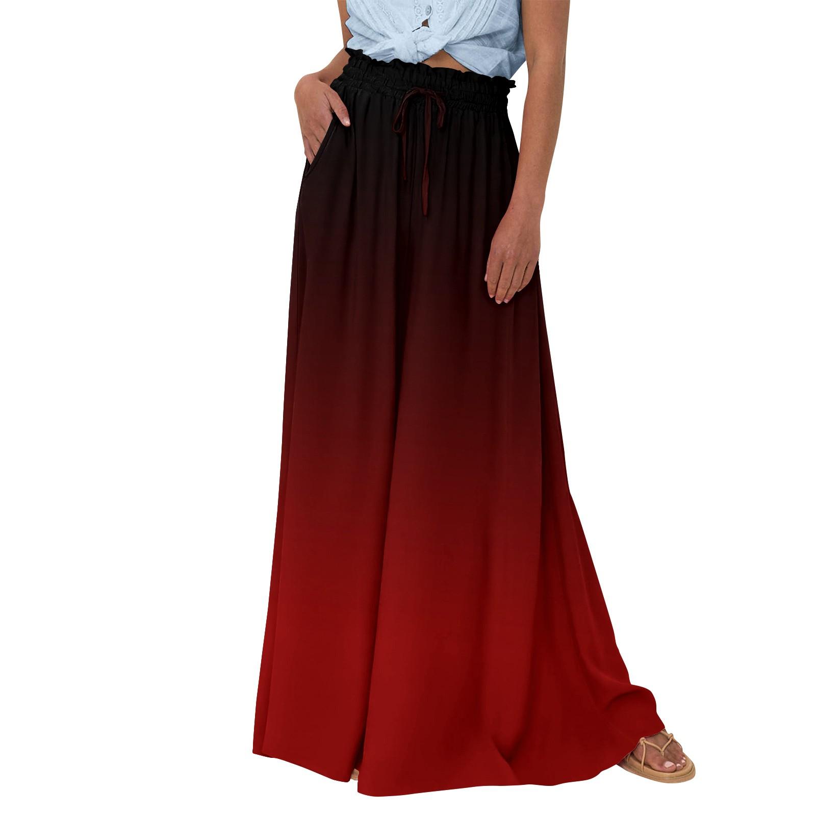 

Женские широкие брюки с высокой талией, летние повседневные струящиеся брюки-палаццо, пляжные брюки с принтом и карманом L красный