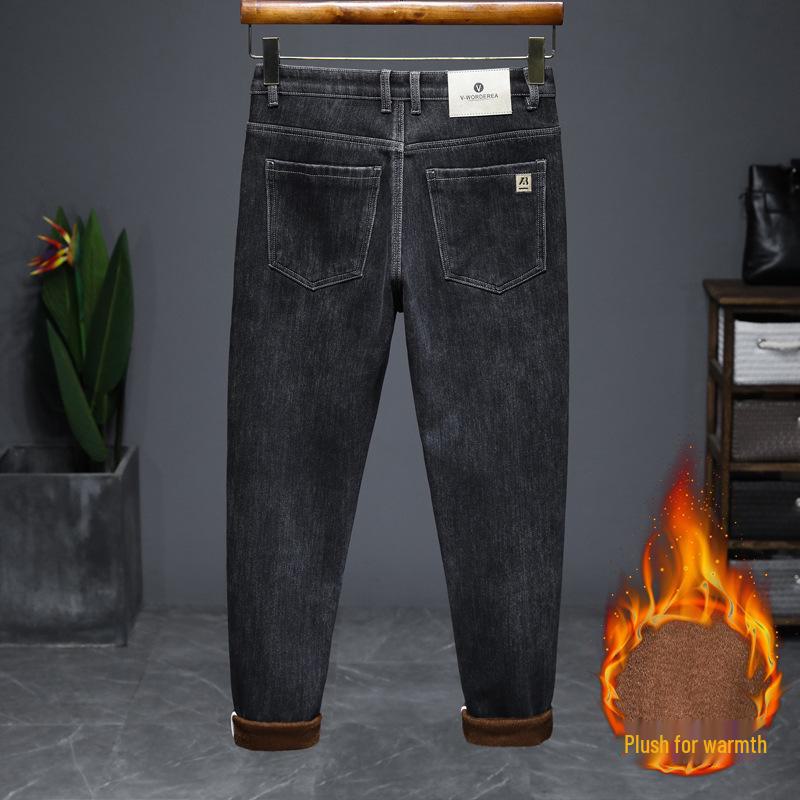Men's Plus Velvet Slim Fit Casual Jeans - Elastic, Comfortable, Versatile Pants for Spring and Autumn.