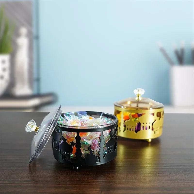 1Pcs Gold/Black Middle East Muslim Candy Fruit Tray Islamic Festival Metal Tea Tray Snack Dried Fruit Box Storage Box with Lid